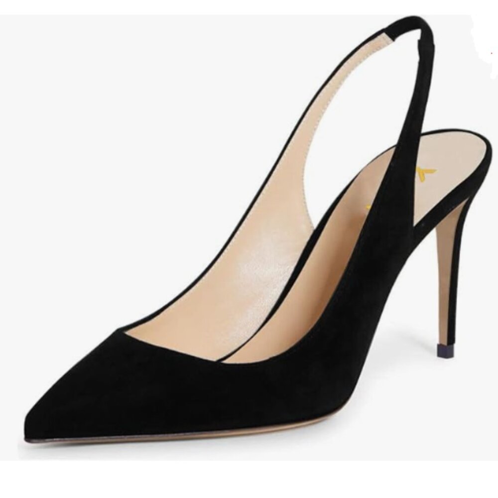 YDN Black High Heels Pointy Toe Elastic Strap Slingback Sandals Slip On Shoes